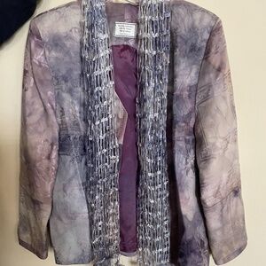 Purple Handpainted Blazer Jacket with Shoulder Pads Paired with Knitted Scarf